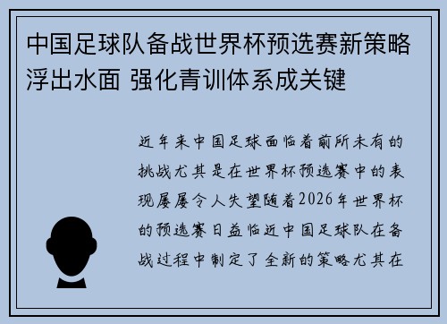 中国足球队备战世界杯预选赛新策略浮出水面 强化青训体系成关键